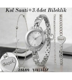 Gümüş Renk Bayan Kol Saati + 3 Adet Bileklik - Kız Arkadaşa hediye Sevgiliye Hediye Doğum Günü Hediyesi (Gümüş)