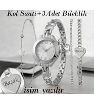 Gümüş Renk Bayan Kol Saati + 3 Adet Bileklik - Kız Arkadaşa hediye Sevgiliye Hediye Doğum Günü Hediyesi (Gümüş)