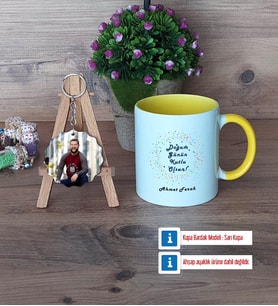 Doğum Günü Hediyesi Kupa Bardak Beyaz ve Fotoğraflı Ahşap Anahtarlık Hediye (Model 7)