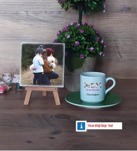 Anneye Hediye Fotoğraflı Dekoratif Taş, Ahşap Altlıklı Türk Kahvesi Fincanı Hediye (Model 9)
