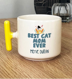 Kişiye Özel Best Cat Mom Ever Hediye T Kupa Bardak En İyi Kedi Annesi (Sarı)