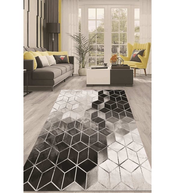 Dijital Kaymaz Taban Yıkanabilir Modern Renkli Salon Halısı Mutfak Halısı Yolluk ND-HT-322 (Siyah)
