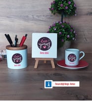 Love Yourself Hediye Seti Dekoratif Taş, Kalemlik, Ahşap Altlıklı Türk Kahvesi Fincanı Hediye (Model 3)