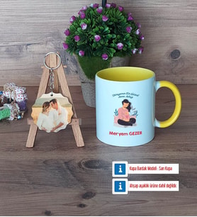 Anne Adayı Kupa Bardak Beyaz ve Fotoğraflı Ahşap Anahtarlık Hediye (Model 7)