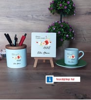 Anneye Hediye Hediye Seti Dekoratif Taş, Kalemlik, Ahşap Altlıklı Türk Kahvesi Fincanı Hediye (Model 9)