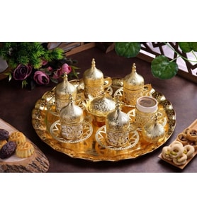 6 lı Tepsili Beyaz Kristal Taşlı Lokumluk Kahve Fincanı İ KAHVE FİNCAN TAKIMI KAHVE FİNCANI KAHVELİ HEDİYE KUTUSU (Taba)