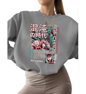 Kaos çağı - japon animesi Baskılı 3 iplik şardonlu bisiklet yaka Sweatshirt kadın Bej kalın erkek (Gri)