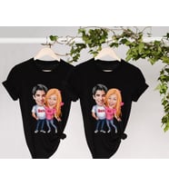 BK Gift Kişiye Özel Sevgililer Karikatürlü İkili Siyah T-shirt Seti, Sevgililer Hediye, Çift Hediyesi, Yıl Dönümü Hediyesi, Kişiye Özel Tişört (Model 10)