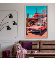 Metal Çerçeveli Temperli Cam Tablo Pembe Klasik Buick İnvicta (Gümüş)