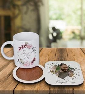 Kişiye Özel Tasarım Kupa Bardak Ve Fotoğraflı Ahşap Bardak Altlığı 99342 (Sarı)