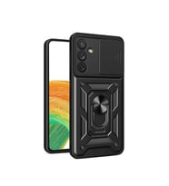 Samsung Galaxy A34 Kılıf Yüzüklü Standli Sürgülü Kamera Korumalı Tank Sert Silikon Kapak (Siyah)