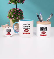 Dünyanın En Güzel Öğretmeni Kupa Bardak Kırmızı Kalemlik ve Anahtarlık (Model 3)