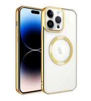 Apple iPhone 14 Pro Max Kılıf Magsafe Köşeleri Renkli Lüx Şeffaf Kamera Korumalı Silikon Kapak (Gold)