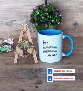 Teyzeye Hediye Kupa Bardak Beyaz ve Fotoğraflı Ahşap Anahtarlık Hediye (Model 4)