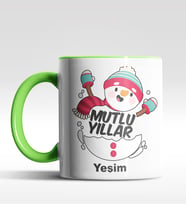 Kişiye Özel Mutlu Yıllar Kardan Adam Tasarımlı Siyah Kupa (Yeşil)