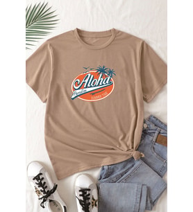 Unisex Aloha Baskılı T-shirt (Bej)