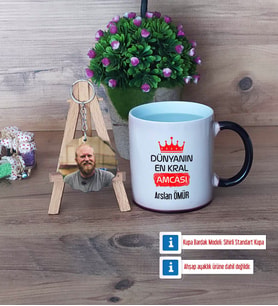 Amcaya Hediye Kupa Bardak Beyaz ve Fotoğraflı Ahşap Anahtarlık HediyeBabalar Günü Hediyesi (Model 9)