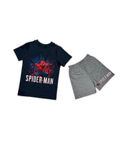unisex Spiderman baskılı pamuklu kumaş kısa kollu şortlu ikili çocuk takımı (Siyah)