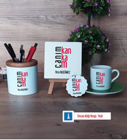 Arkadaşa Hediye Hediye Seti Dekoratif Taş, Kalemlik, Ahşap Altlıklı Türk Kahvesi Fincanı, Ahşap Anahtarlık Hediye (Model 9)