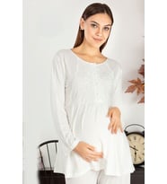 Saray Incisi Göğüs Dantel Detaylı Kadın Hamile Pijama Takımı 1032 (Ekru)