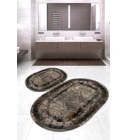 Dijital Baskılı Kaymaz Taban Yıkanabilir Oval 2'li Klozet Takımı Banyo Paspası NOKZ-SD-278 (Kahverengi)
