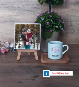 Anneler Günü Hediyesi Fotoğraflı Dekoratif Taş, Ahşap Altlıklı Türk Kahvesi Fincanı Hediye (Model 1)