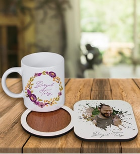Kişiye Özel Tasarım Kupa Bardak Ve Fotoğraflı Ahşap Bardak Altlığı 99316 (Mavi)
