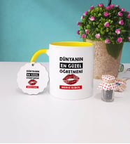 Dünyanın En Güzel Öğretmeni Kupa Bardak ve Anahtarlık (Sarı)