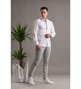EVRYTİME SLİMFİT PAMUKLU ÇİZGİLİ YAKA DÜĞMELİ UZUN KOL ERKEK YAZLIK GÖMLEK (Bordo)
