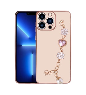 Apple iPhone 14 Pro Kılıf El Askılı Tutamaçlı Kamera Korumalı Renkli Gold Kenar Silikon Kapak (Pembe)