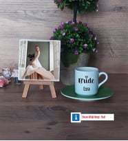 Bride Fotoğraflı Dekoratif Taş, Ahşap Altlıklı Türk Kahvesi Fincanı Hediye (Model 9)