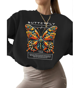 bisiklet yaka Bej unisex kadın Sweatshirt Kelebek tasarımı Baskılı 3 iplik şardonlu kalın (Siyah)