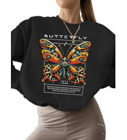 bisiklet yaka Bej unisex kadın Sweatshirt Kelebek tasarımı Baskılı 3 iplik şardonlu kalın (Siyah)