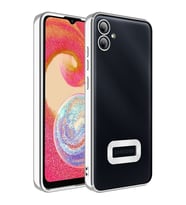 Samsung Galaxy A04E Kılıf Logo Yeri Açık Kamera Lens Korumalı Renkli Kenarlı Şeffaf Silikon (Gümüş)