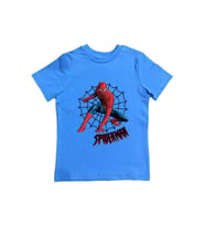 Spiderman baskılı örümcek adam pamuklu penye kumaş yazlık çocuk tişört (Mavi)
