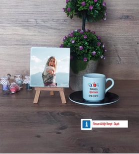 Fransızca Öğretmeni Fotoğraflı Dekoratif Taş, Ahşap Altlıklı Türk Kahvesi Fincanı Hediye Öğretmenler Günü Hediyesi (Model 7)