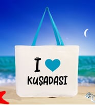 BK Gift I Love Kuşadası Renkli Kulp Kanvas Plaj Çantası 48x40m, Baskılı Omuz Çantası, Alışveriş Çantası (Turkuaz)