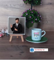 Felsefe Öğretmeni Fotoğraflı Dekoratif Taş, Ahşap Altlıklı Türk Kahvesi Fincanı Hediye (Model 9)