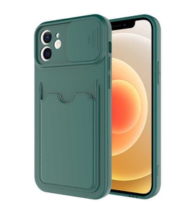 Uyumlu Model Apple iPhone 12 Kılıf Kartlıklı Lens Kapatmalı Kapak (Koyu Yeşil)
