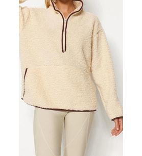 Tarz Regular Dik Yaka Düşük Kol Regular Peluş Örme Spor Sweatshirt (Ekru)