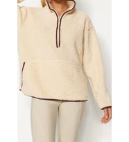 Tarz Regular Dik Yaka Düşük Kol Regular Peluş Örme Spor Sweatshirt (Ekru)