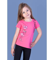 Toontoy Kız Çocuk Flamingo Desenli Taş İşlemeli Baskılı Tişört (Fuşya)