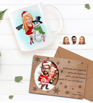 BK Gift Kişiye Özel Mutlu Yıllar Karikatürlü Kupa Bardak ve Retro Ahşap Yılbaşı Tebrik Kartı Hediye Seti-1 (Mavi)
