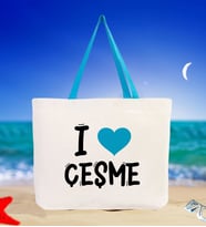 BK Gift I Love Çeşme Renkli Kulp Kanvas Plaj Çantası 48x40m, Baskılı Omuz Çantası, Alışveriş Çantası (Turkuaz)