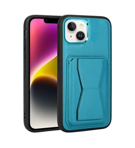 Apple iPhone 14 Kılıf Kartlıklı Standlı ?Suni Deri Memo Kılıf (Mavi)