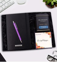 Kişiye Özel Siyah Defter & Gümüş Renk Detaylı Tükenmez Kalem & Selamlıque Türk Kahvesi Hediye Seti (Model 8)