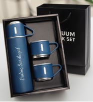 Özel Kutusunda 3 Bardaklı 500 ML Çelik Termos (Mavi)