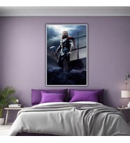 Metal Çerçeveli Cam Tablo Film Karakteri Thor ve Çekiç Portresi (Gümüş)