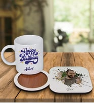 Kişiye Özel Tasarım Kupa Bardak Ve Fotoğraflı Ahşap Bardak Altlığı 99245 (Mor)