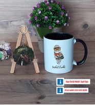 Baykuş Kupa Bardak Beyaz ve Fotoğraflı Ahşap Anahtarlık Hediye (Model 11)